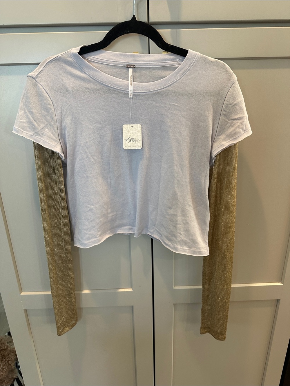 Free People Cropped White Tee with Metallic Gold Sleeves NWT retail $128 XS